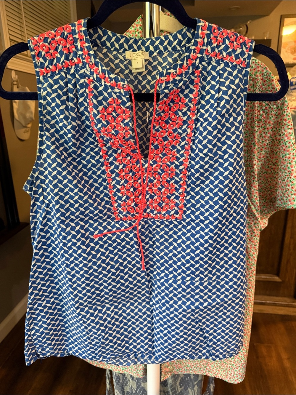 J. Crew Blue Geo-Print Sleeveless Top with Coral Embroidery